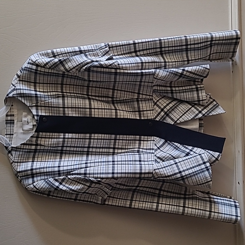 LEWIT WHITE & BLUE CHECK PLAID VIRGIN WOOL RAW EDGE PEPLUM JACKET Sz S - Picture 4 of 8